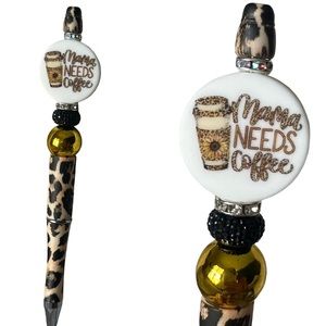 Mama Needs Coffee Leopard Sunflower Beaded Silicone Focal Refillable Pen